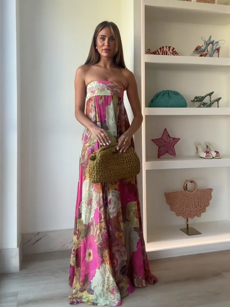 Chic Floral Print Pleated Long Dress Women's Sexy Strapless Backless Loose Party Vestidos 2025 Summer Lady High Street Robes New - Image 5