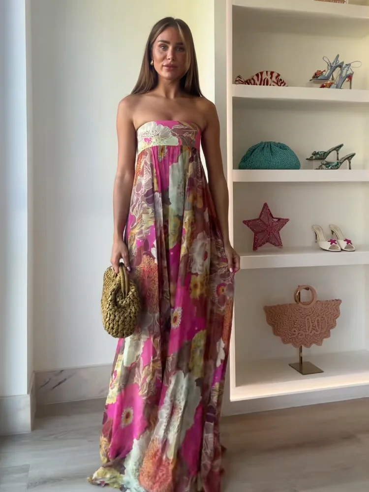 Chic Floral Print Pleated Long Dress Women's Sexy Strapless Backless Loose Party Vestidos 2025 Summer Lady High Street Robes New - Image 2