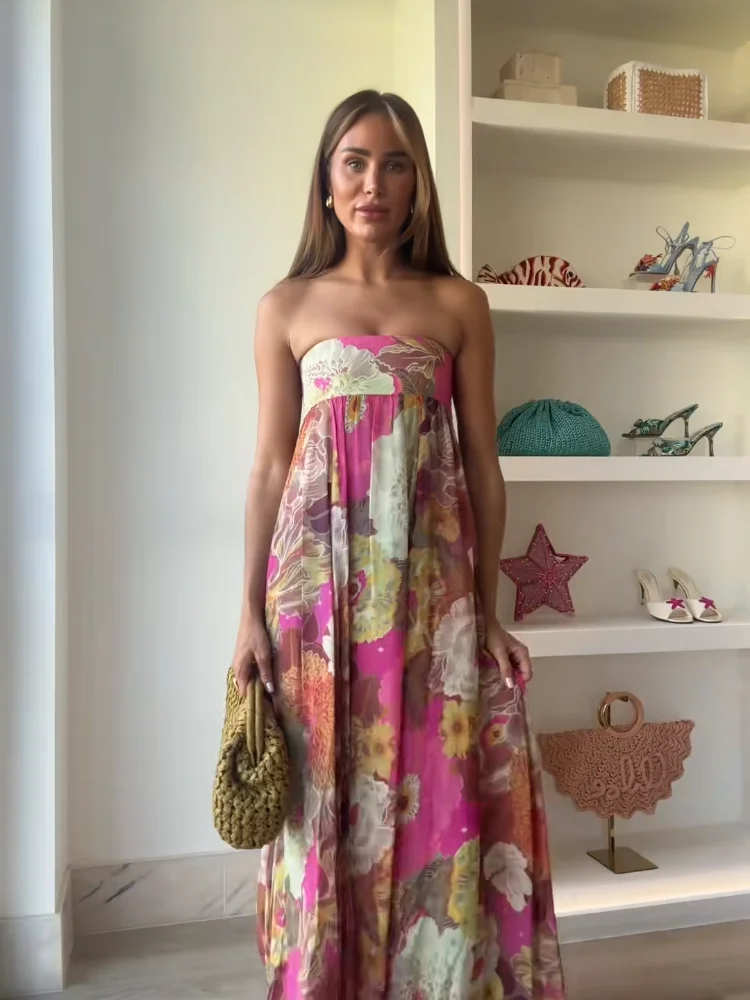 Chic Floral Print Pleated Long Dress Women's Sexy Strapless Backless Loose Party Vestidos 2025 Summer Lady High Street Robes New - Image 4