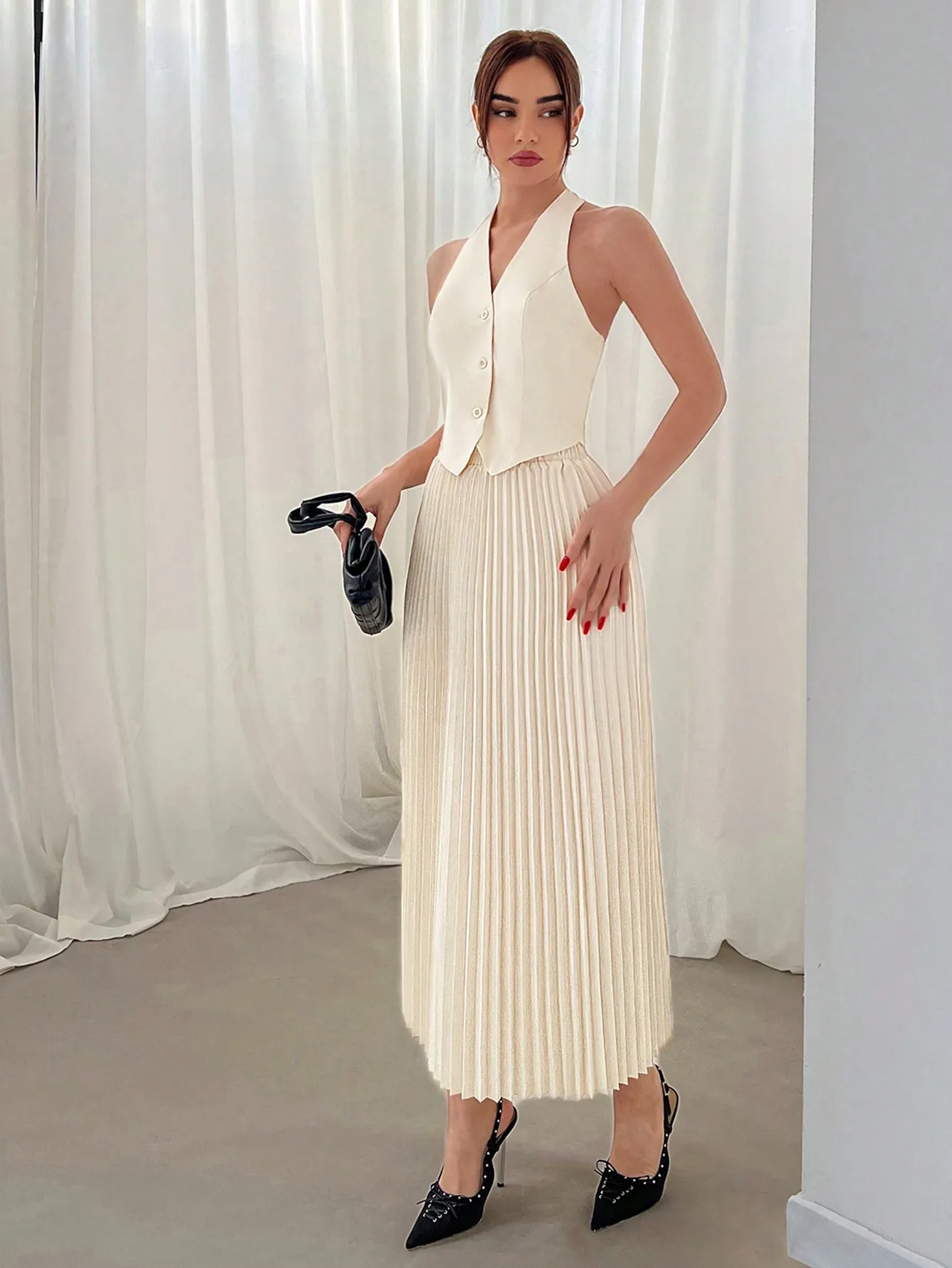 Summer new suit vest single breasted suit skirt lapel top fashion pleated skirt - Image 2