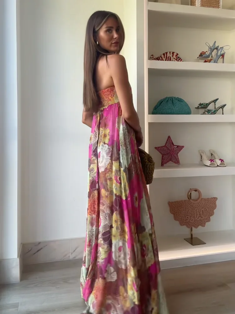 Chic Floral Print Pleated Long Dress Women's Sexy Strapless Backless Loose Party Vestidos 2025 Summer Lady High Street Robes New - Image 3