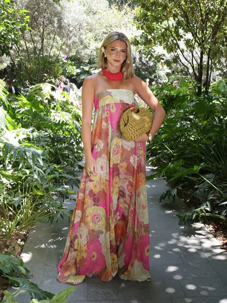 Chic Floral Print Pleated Long Dress Women's Sexy Strapless Backless Loose Party Vestidos 2025 Summer Lady High Street Robes New
