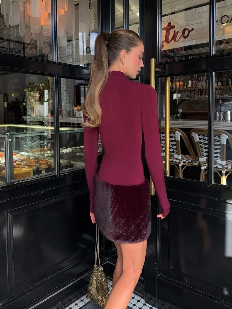 Lady Fur Patchwork Mini Dress Sexy Turtleneck Full Sleeve Solid Color Slim Short Women Dresses 2025 Fashion Evening Party Wear - Image 2