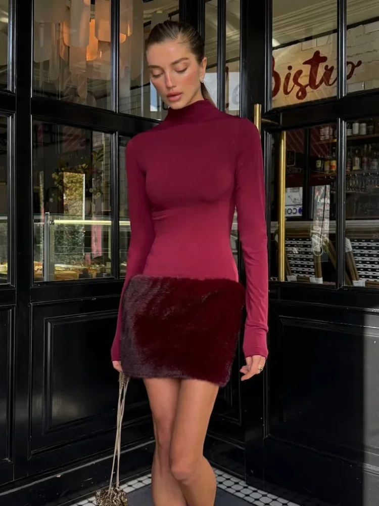 Lady Fur Patchwork Mini Dress Sexy Turtleneck Full Sleeve Solid Color Slim Short Women Dresses 2025 Fashion Evening Party Wear - Image 3