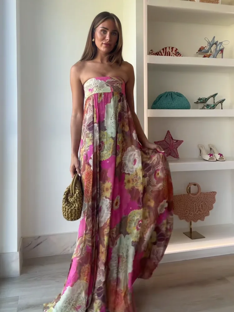 Chic Floral Print Pleated Long Dress Women's Sexy Strapless Backless Loose Party Vestidos 2025 Summer Lady High Street Robes New - Image 6